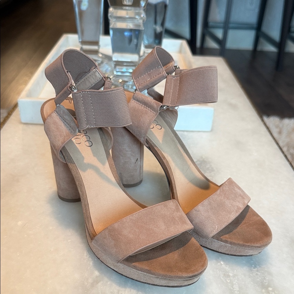 Franco Sarto Taupe Suede Block Heels